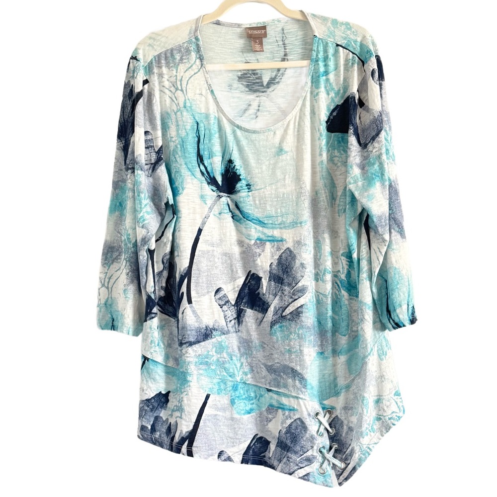 🌻 Chico's Aqua & Navy Watercolor Floral Scoop Neck Tunic